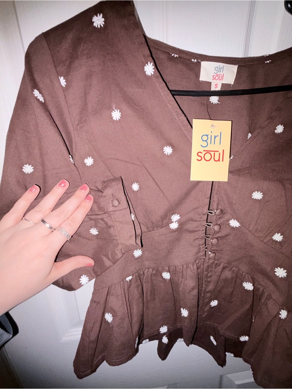 Brown Daisy-Print Peplum Blouse 100% Cotton - Picture 4 of 8